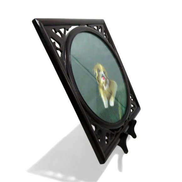 Double Sided Suzhou China DOG on Grass Silk EMBROIDERY Framed Glass and Wood 14" - Picture 6 of 11